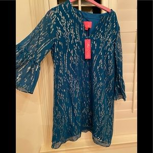 NWT LILLY PULITZER ELENORA SILK DRESS IN INKY TIDAL FISH CLIP CHIFFON SIZE L